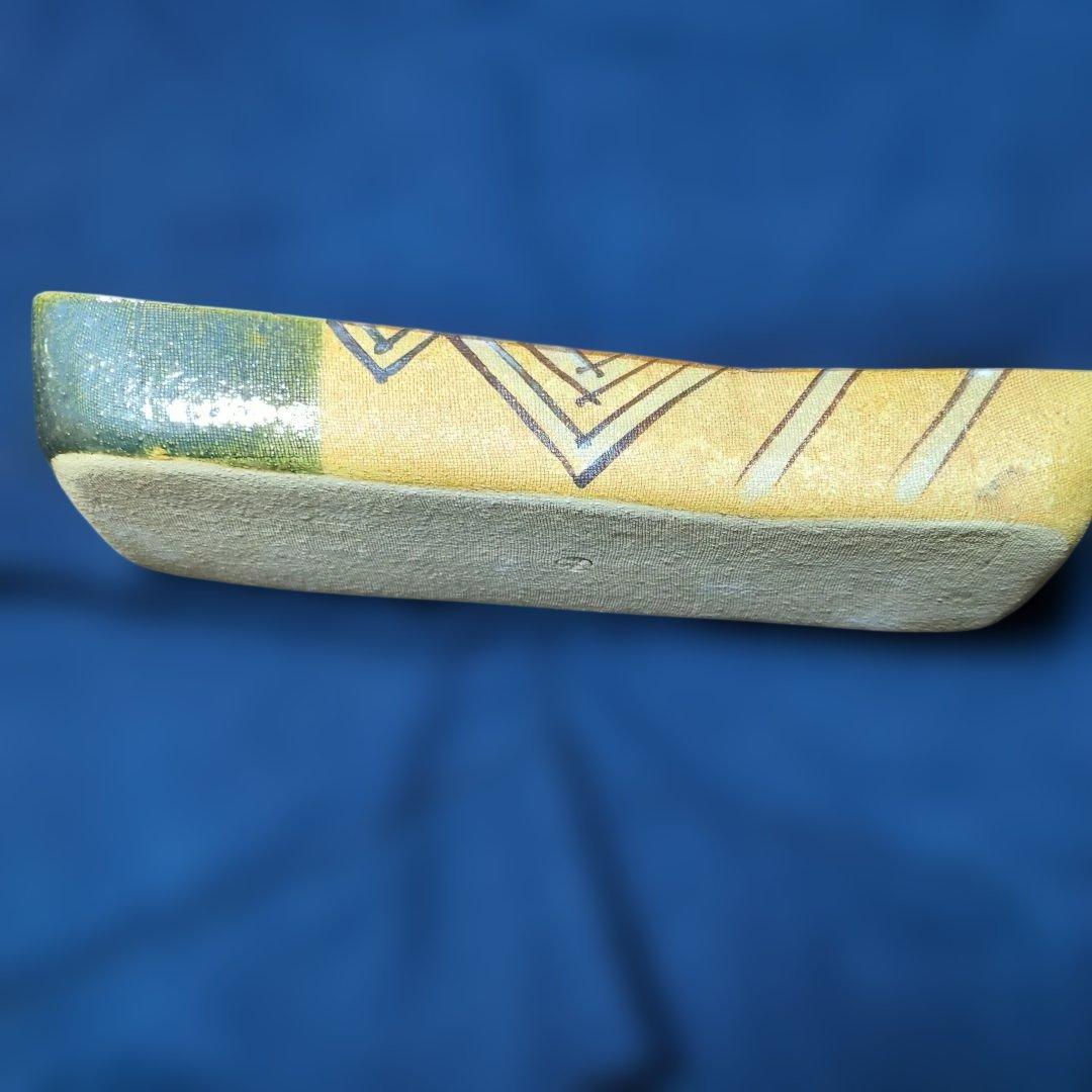 小原流生け花 古い織部焼 緑✕土色長型水盤 花器