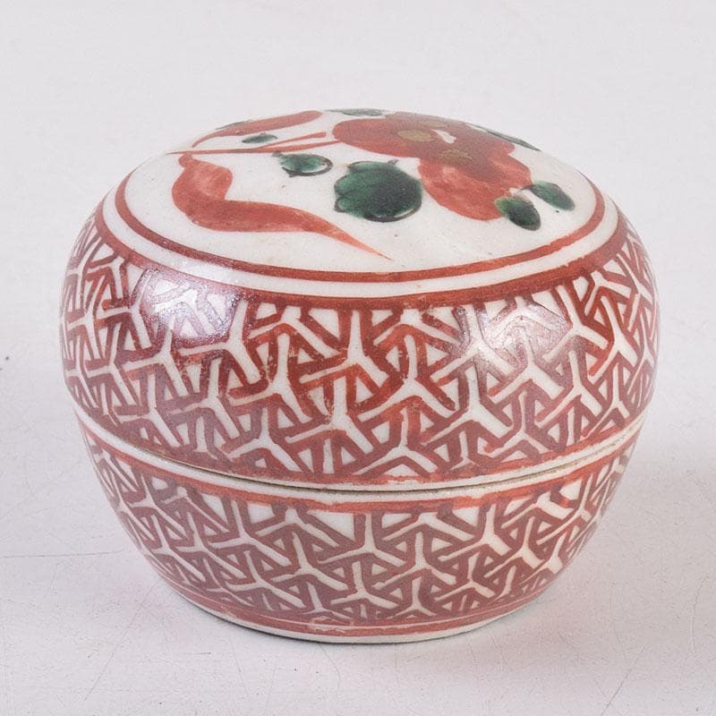 中国　呉須赤絵　花文　香合　時代箱　V　R8886