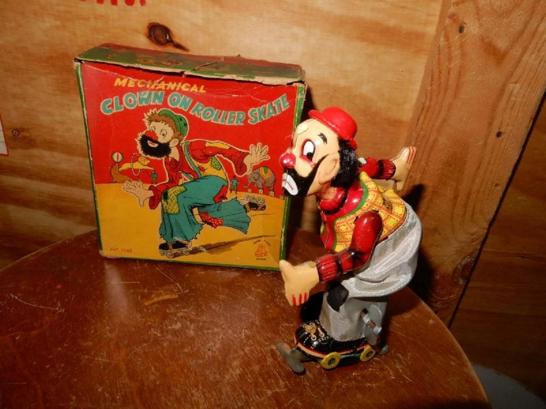 ☆動作済☆人気絶大 ブリキ50'S ピエロのローラースケート箱付☆全高約１６cm