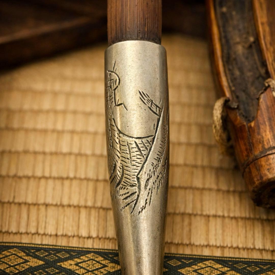 江戸後期〜明治初期 竹羅宇煙管 木製煙管入 雁彫刻金具 時代物 稀少 喫煙具一式