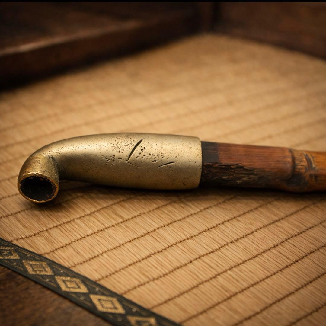 江戸後期〜明治初期 竹羅宇煙管 木製煙管入 雁彫刻金具 時代物 稀少 喫煙具一式