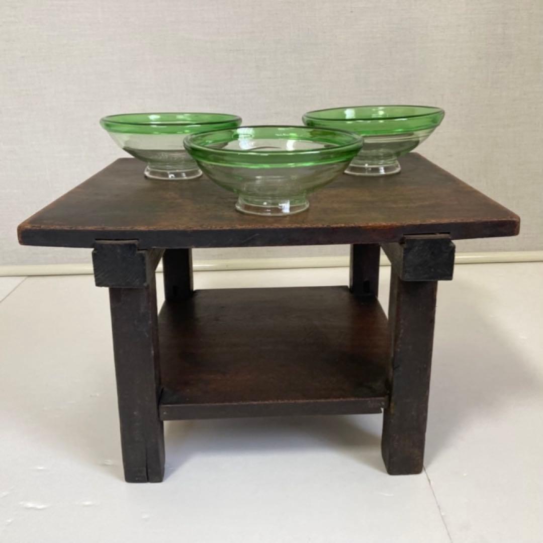 古いガラス鉢 かき氷 カップ ボウル 食器 花器 グリーン 3点 骨董 レトロ