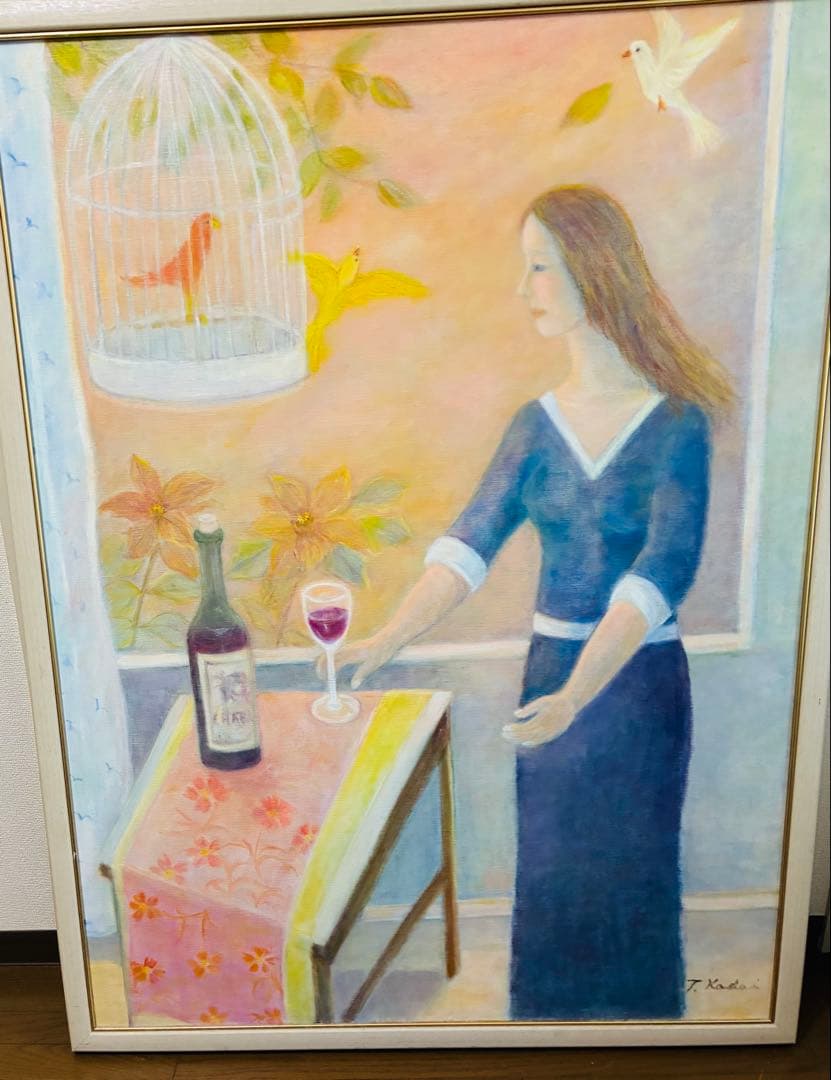 T. Kato 女性とワインの絵画