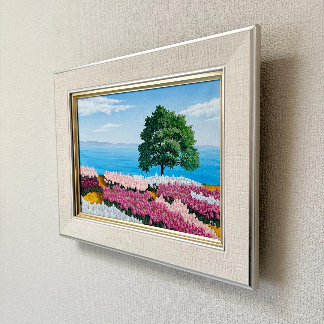 アクリル画　原画　「ストックの咲く丘」額縁付　F4サイズ　キャンバス