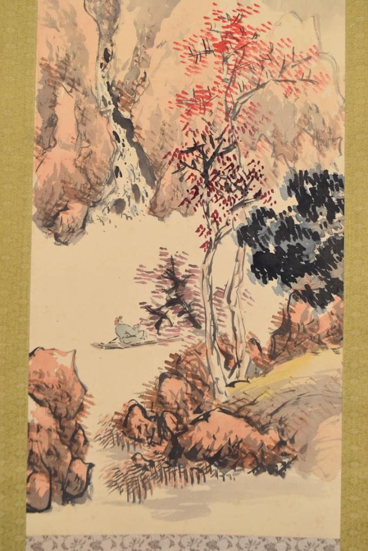 作者不詳/秋渓独棹図/秋景山水図/掛軸☆宝船☆AB-367