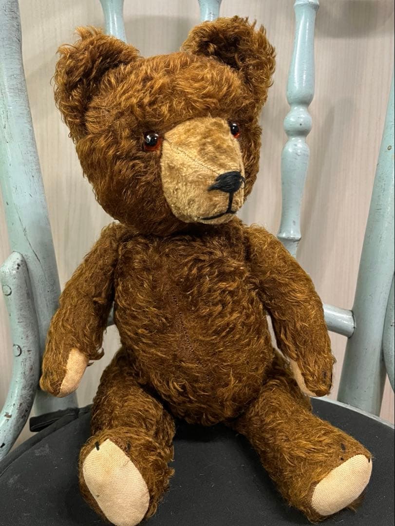 最終お値下げ素朴で可愛いドイツアンティークベア藁詰めグラスアイ鳴きます38㌢