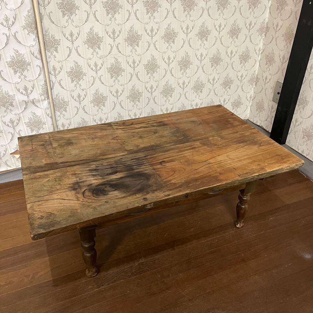 【アンティーク】木製 引出し付 ろくろ足 文机 ローテーブル 座卓 古家具