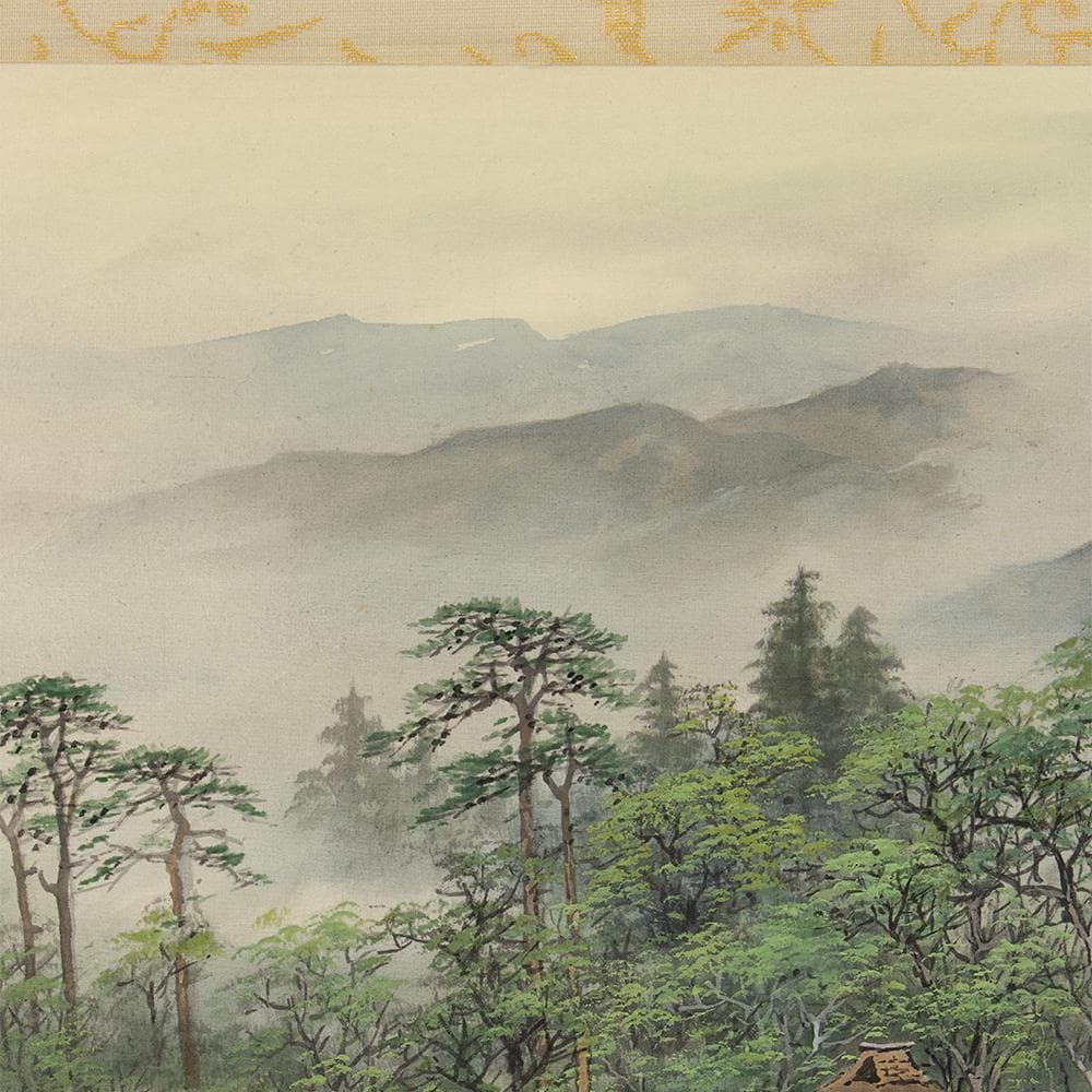 掛軸 横幅 百瀬徳三郎「山村清趣之図」民家 共箱 美術年鑑掲載画家