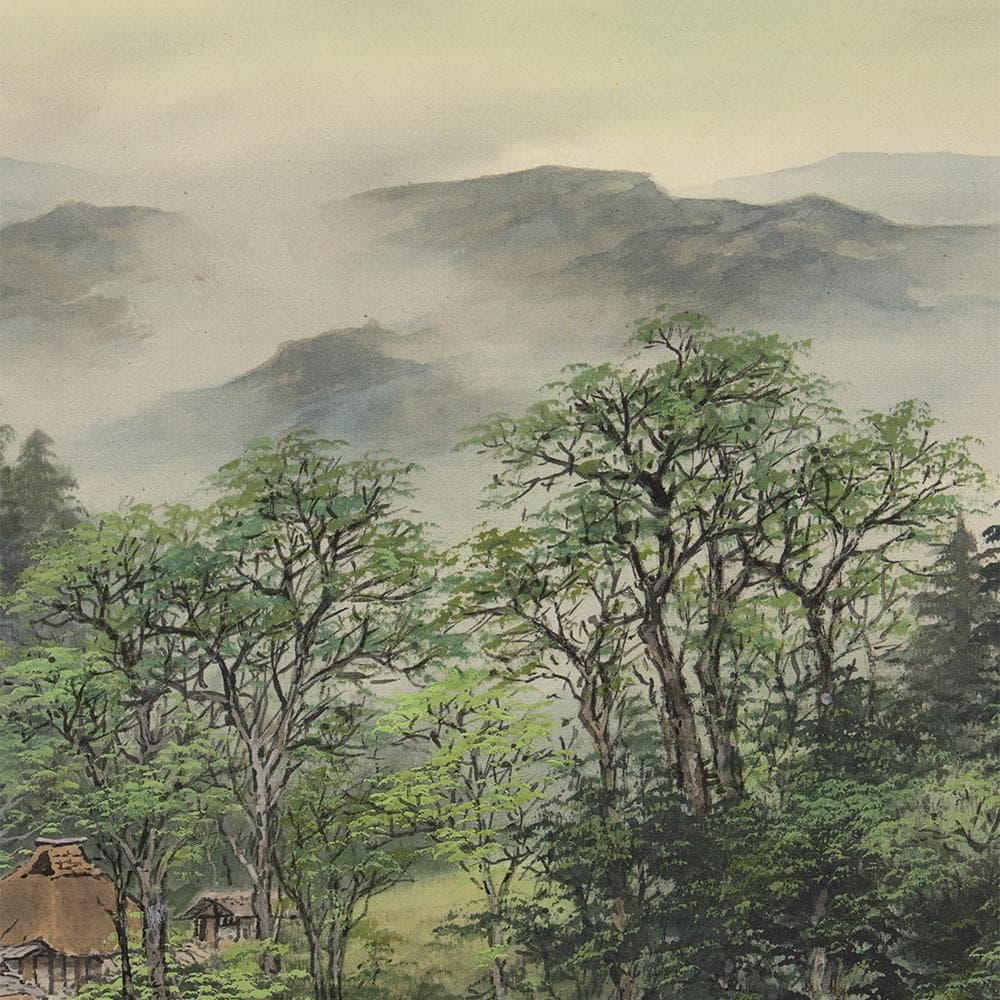 掛軸 横幅 百瀬徳三郎「山村清趣之図」民家 共箱 美術年鑑掲載画家