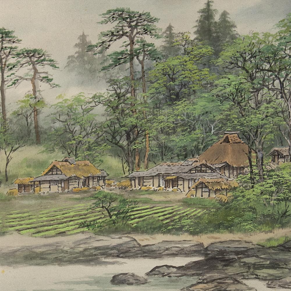 掛軸 横幅 百瀬徳三郎「山村清趣之図」民家 共箱 美術年鑑掲載画家