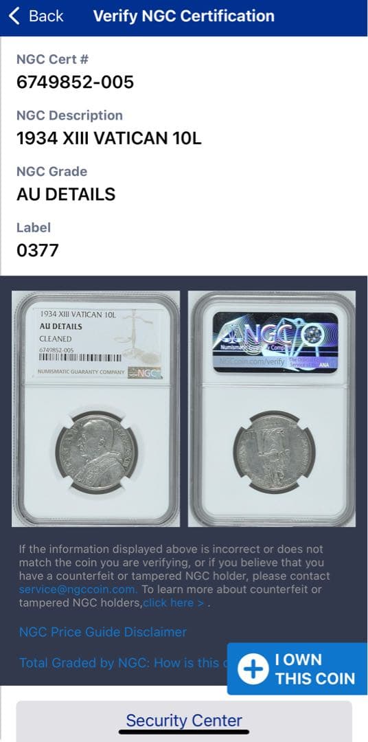 1934年 XIIIバチカン市国 10リラ銀貨　教皇ピウス11世 NGC認証