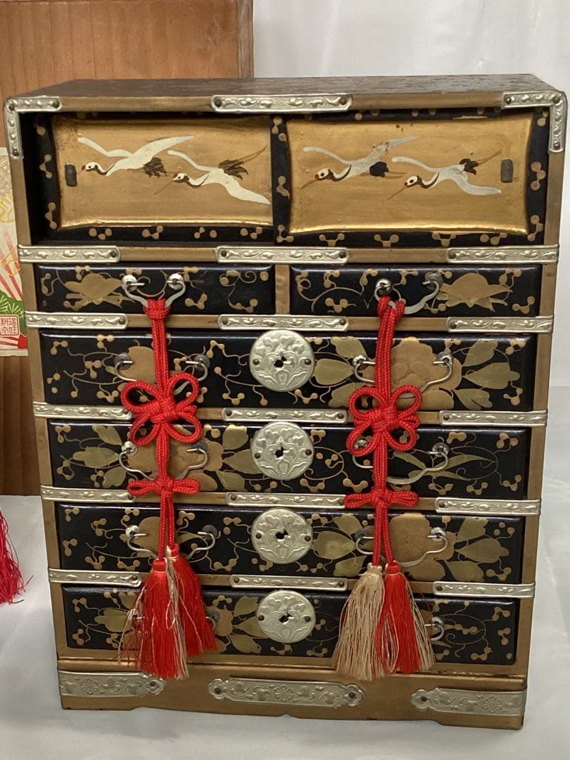 金彩蒔絵ミニチュアお雛道具　アンティーク収納箱セット 大・中・小