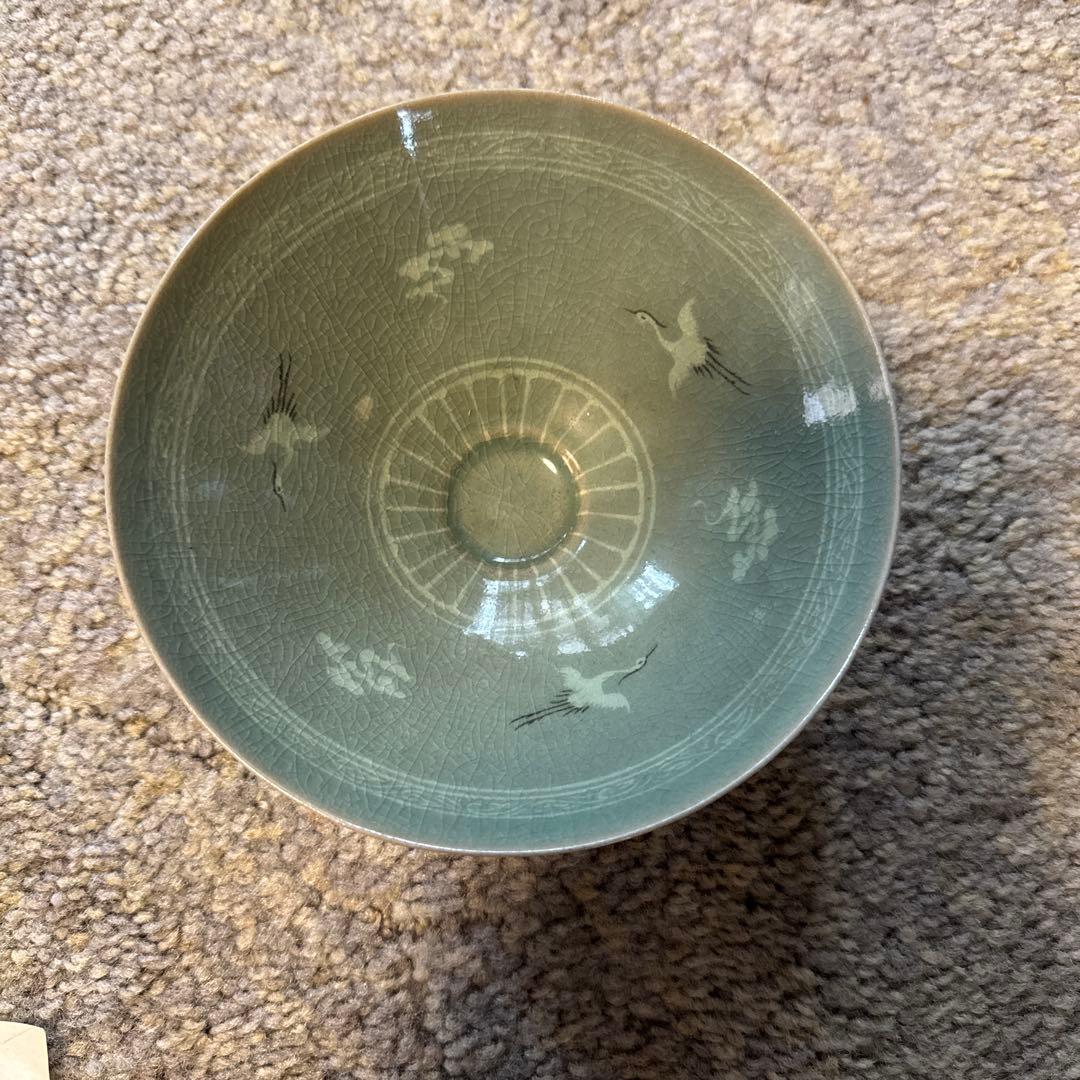 緑色 鶴模様 茶碗