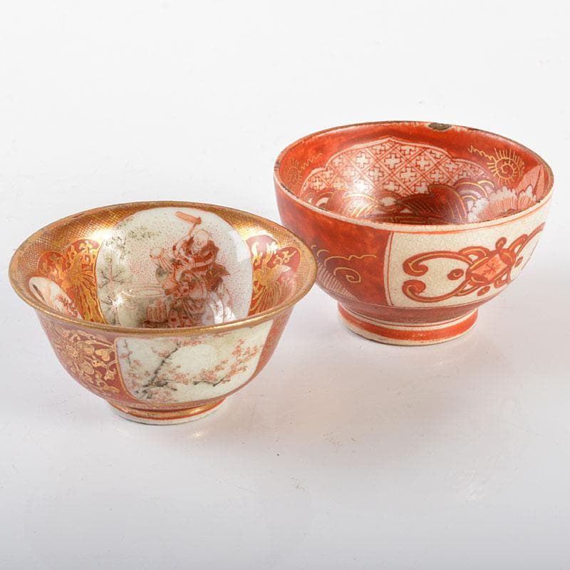 九谷焼　大日本九谷　清閑製　赤絵金彩　盃　二客　時代箱付　G　R6476