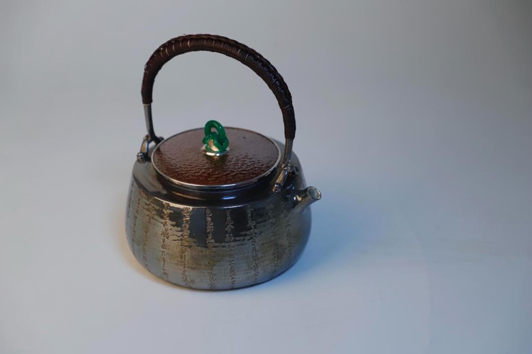 純銀製 般若心経文彫 玉摘 口打出湯沸 銀瓶 煎茶道具