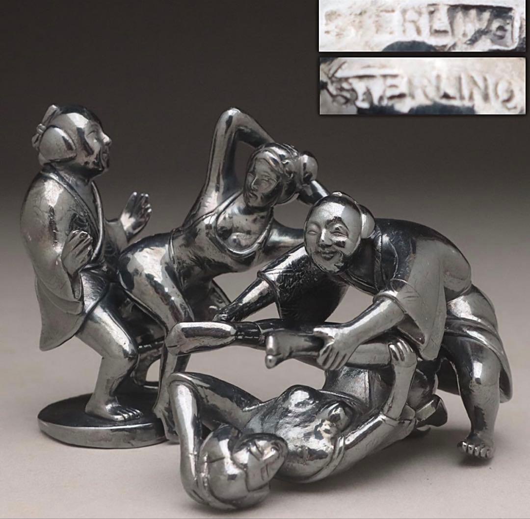 銀製 春画人形「男女像」総重101g STERLING刻 金工古美術 鑑定済み