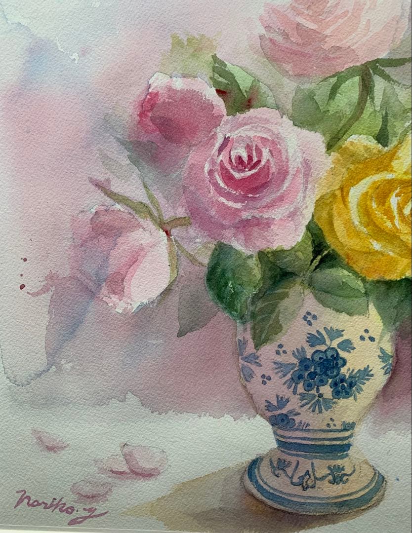 透明水彩画原画美しい薔薇とデルフト焼きの花瓶①