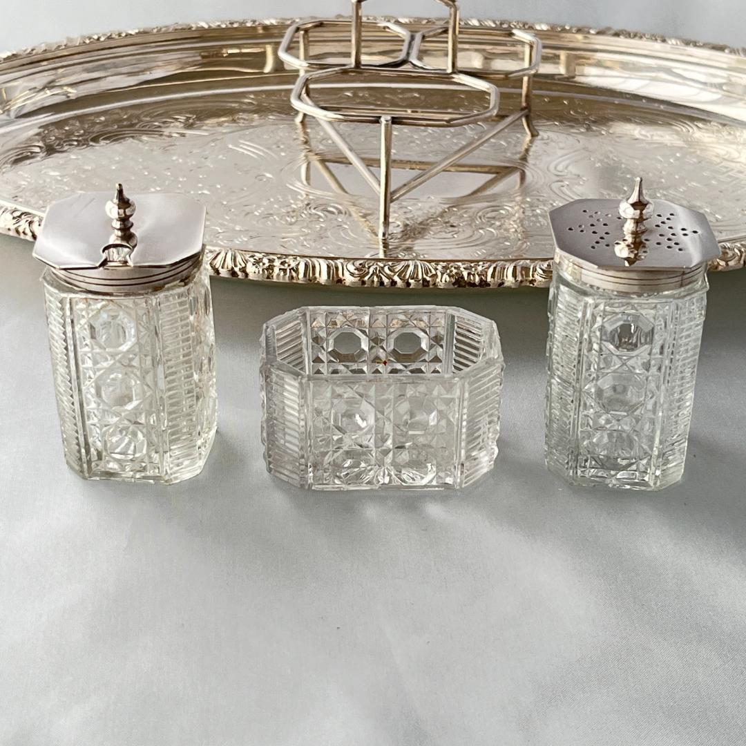 【英国】コンディメントセット / スタンド 【ガラス / シルバープレート】