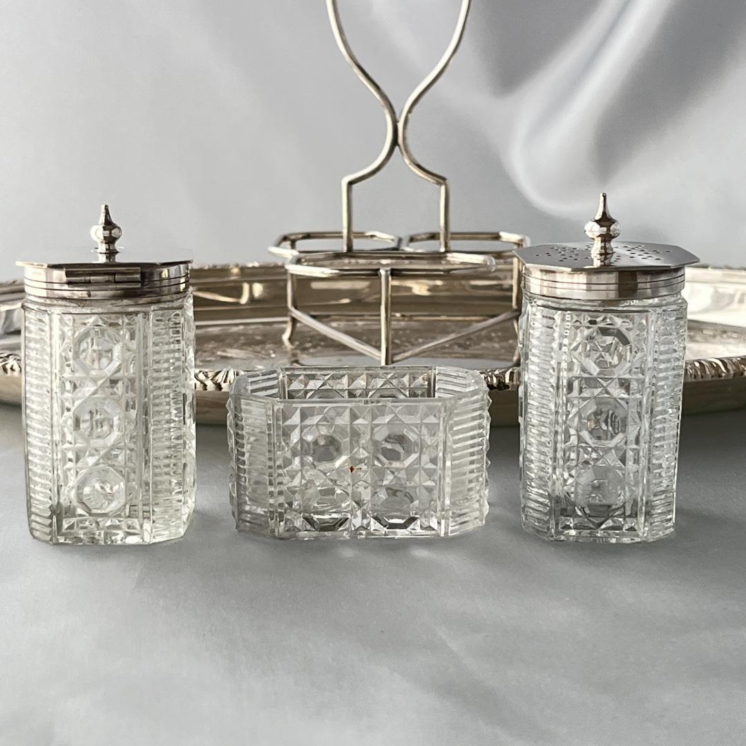 【英国】コンディメントセット / スタンド 【ガラス / シルバープレート】