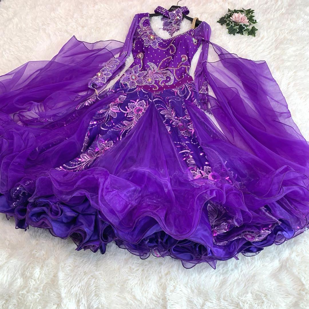 競技ダンス/ドレス【パープル/刺繍/ビジュー】社交ダンス 衣装 スタンダード
