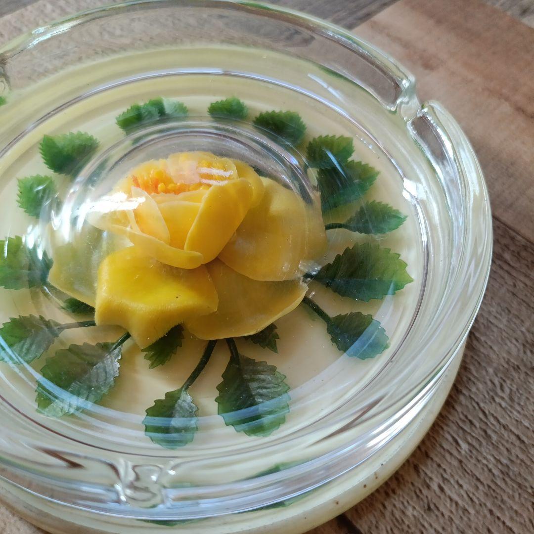 【昭和レトロ】黄色花デザイン ガラス灰皿①