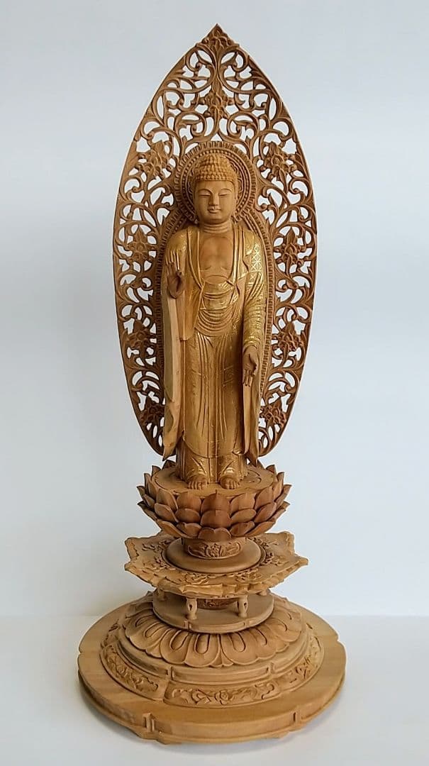 阿弥陀如来立像 5寸 #659+#557 円台座 宝相華唐草 ◆白檀 木彫 仏像