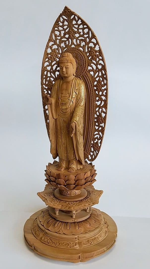 阿弥陀如来立像 5寸 #659+#557 円台座 宝相華唐草 ◆白檀 木彫 仏像