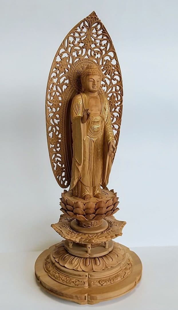 阿弥陀如来立像 5寸 #659+#557 円台座 宝相華唐草 ◆白檀 木彫 仏像