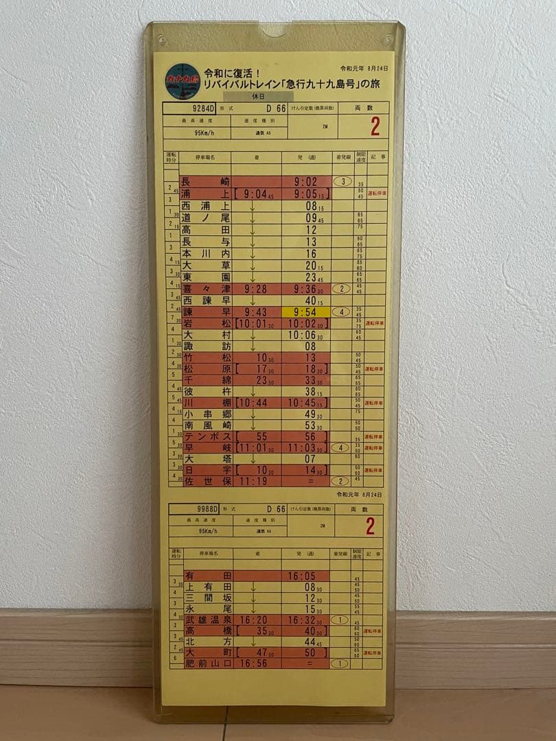 急行九十九島 運転士時刻表(スタフ)