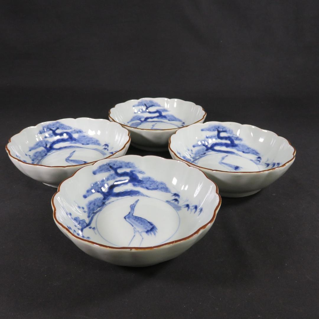 なます皿 染付 4枚 鶴亀 松竹梅 美品 古伊万里 スレ僅か