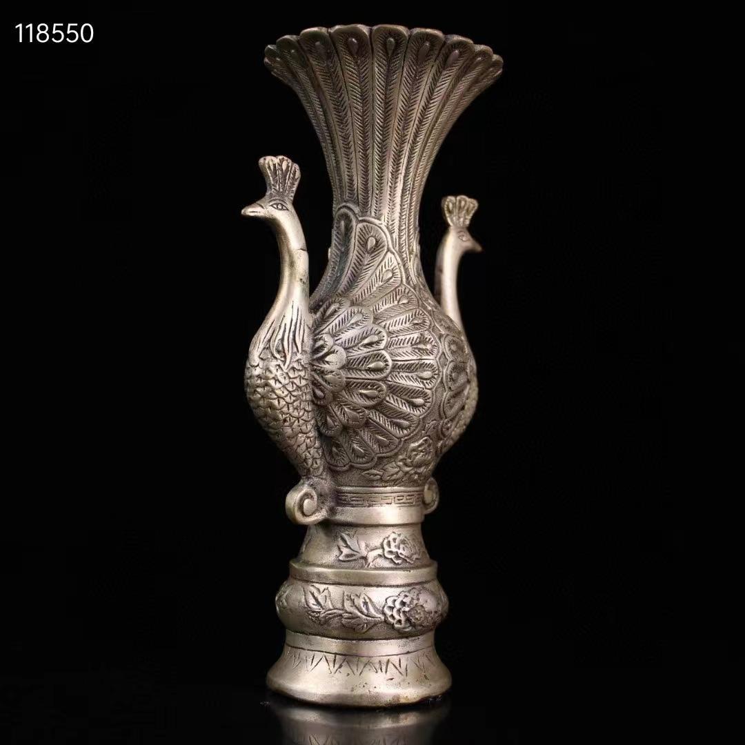 中国古美術・旧蔵・純銅鎏銀鳳凰の花瓶・極細工・置物・純手彫り・文房具・賞物