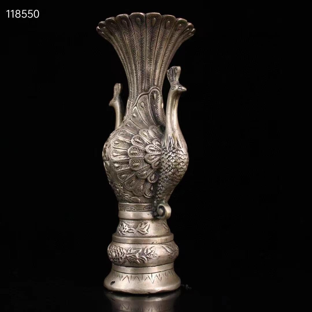 中国古美術・旧蔵・純銅鎏銀鳳凰の花瓶・極細工・置物・純手彫り・文房具・賞物