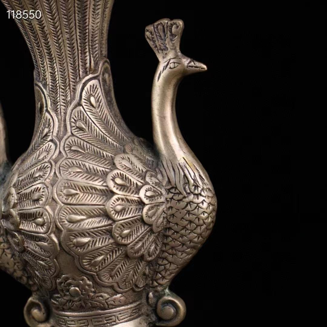 中国古美術・旧蔵・純銅鎏銀鳳凰の花瓶・極細工・置物・純手彫り・文房具・賞物