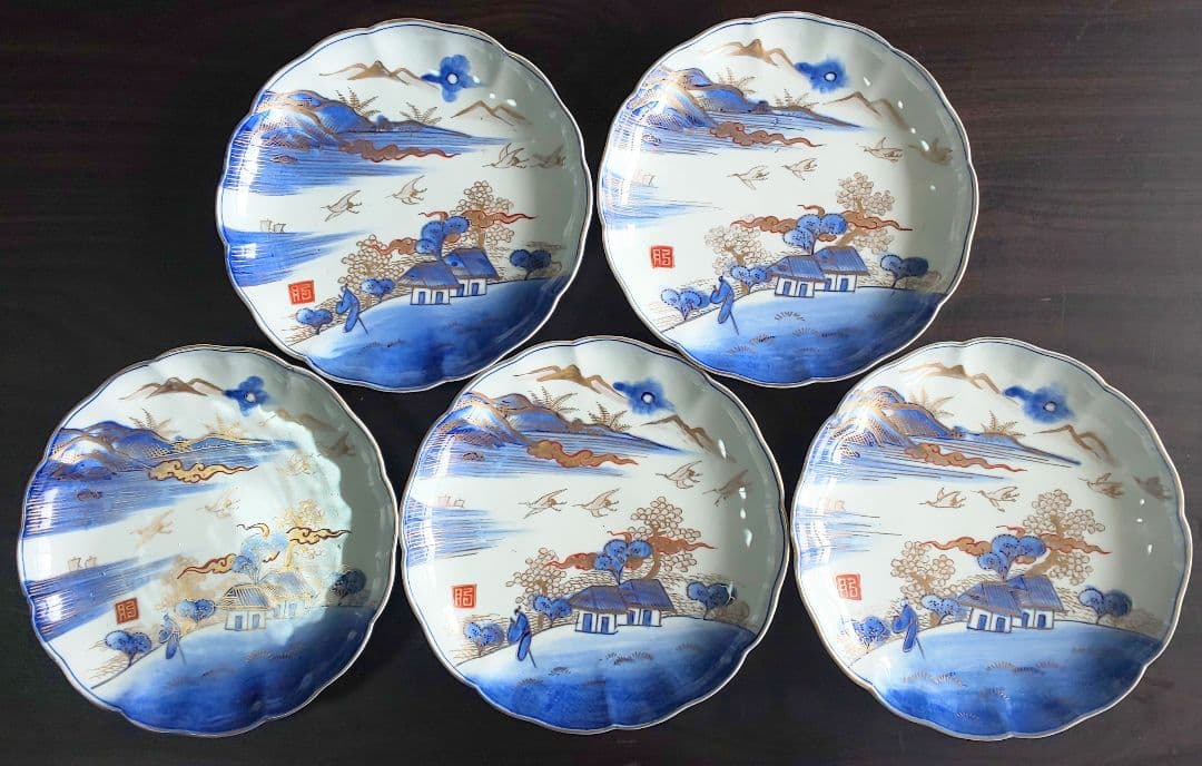 古伊万里 人物鳥山水風景図 輪花中皿 裏角福 表月弓 ５枚セット