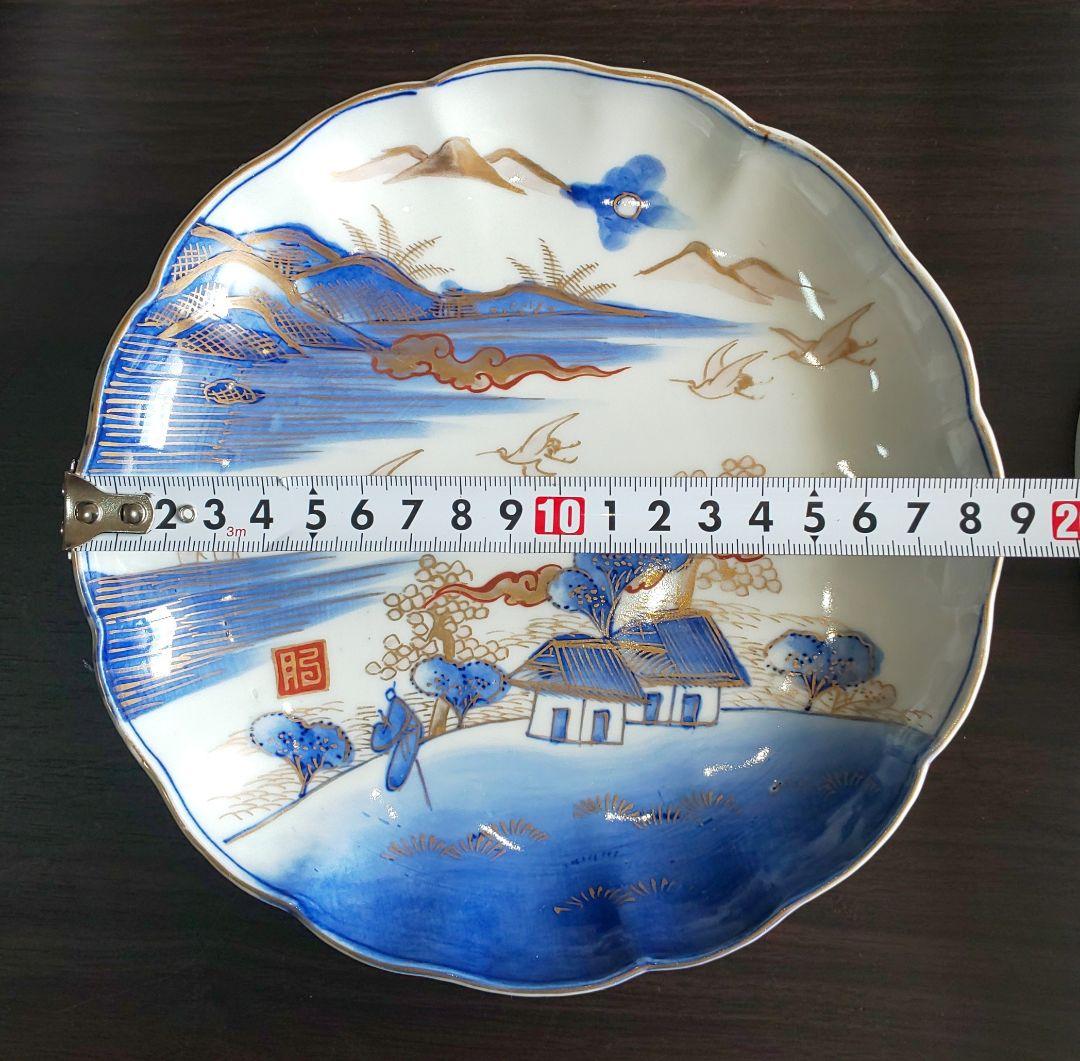 古伊万里 人物鳥山水風景図 輪花中皿 裏角福 表月弓 ５枚セット