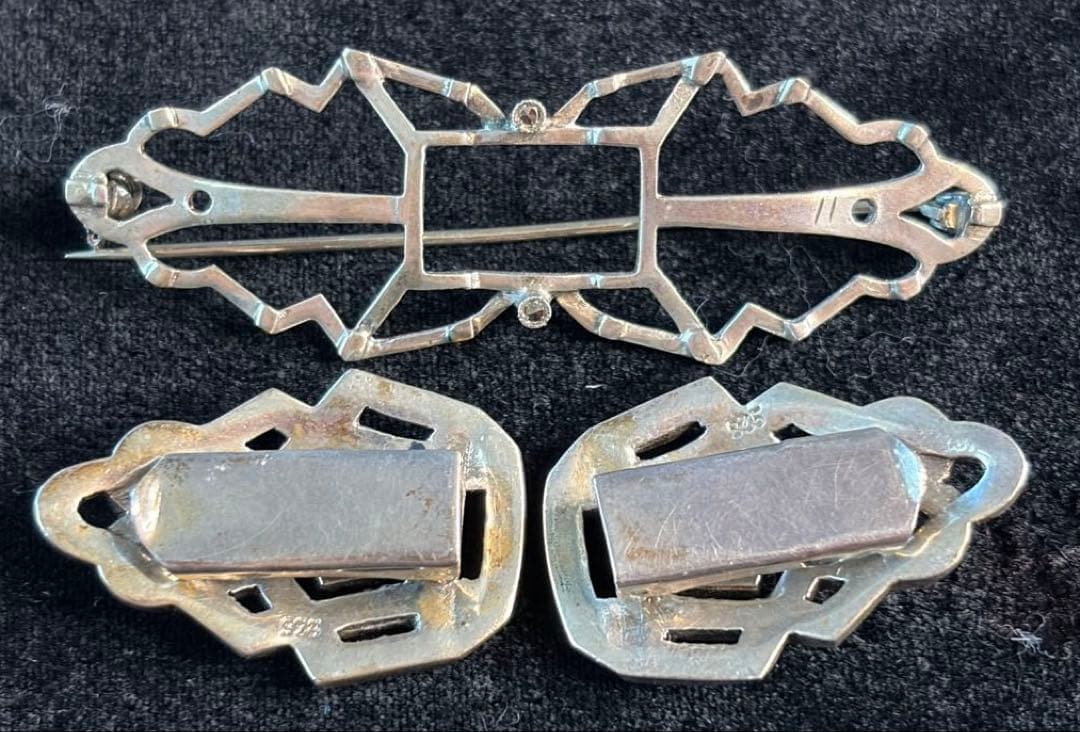 【英国】S925純銀製マーカサイト・アンティーク・ダブルクリップ・ブローチ