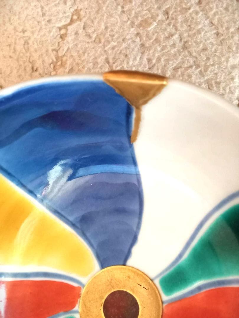 KINTUGI 純金粉金継・九谷焼 紙風船様/長右エ門作小皿 一点もの美術価値大