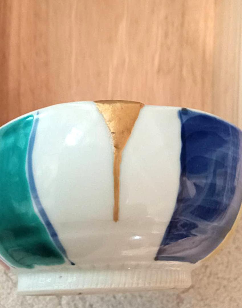 KINTUGI 純金粉金継・九谷焼 紙風船様/長右エ門作小皿 一点もの美術価値大