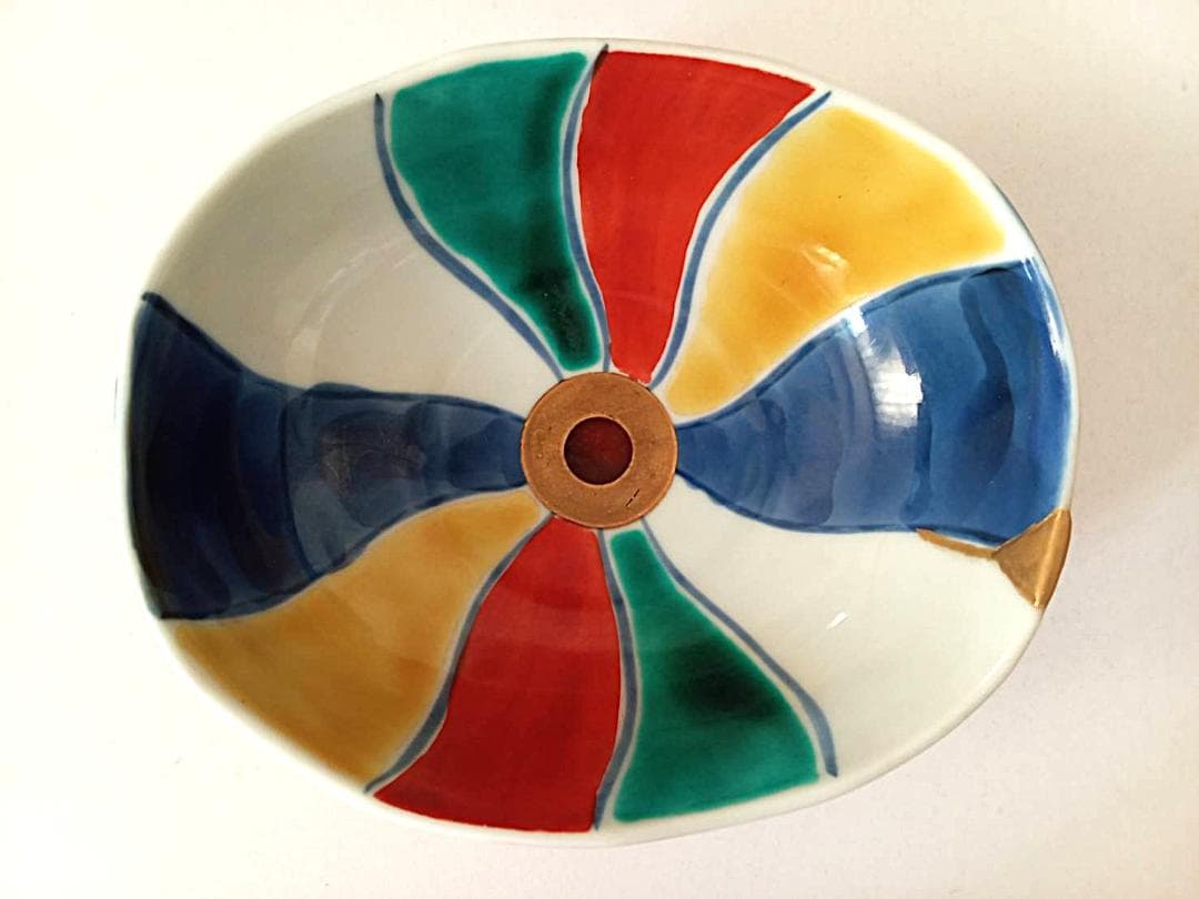 KINTUGI 純金粉金継・九谷焼 紙風船様/長右エ門作小皿 一点もの美術価値大