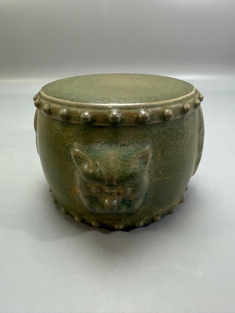 DT502 中国美術 青磁 太鼓形 獣面台 古陶磁