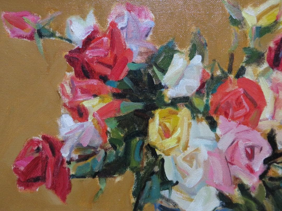 コーヒータイム　臼井圭助　「　ばら　」油彩　M6号　創元会 真作保証