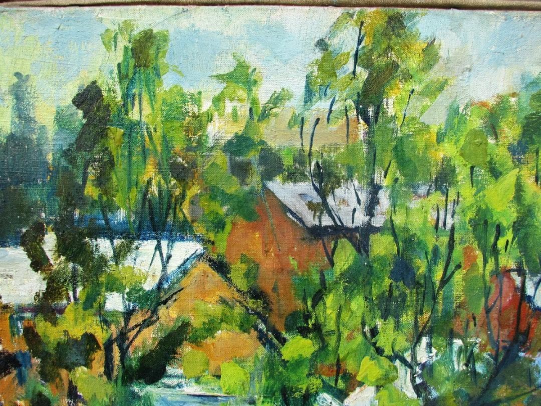 檜山健三,新緑風景,F10号油彩,最初期作,掘出物,70年以上前の作品