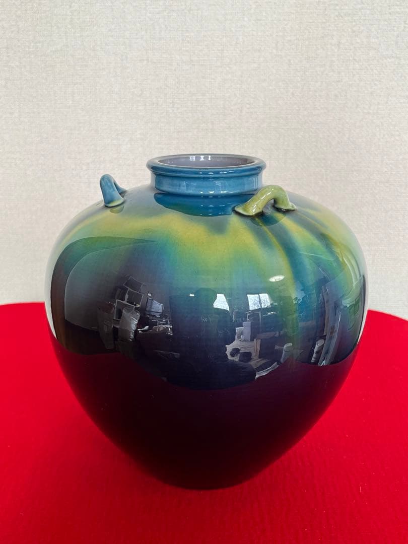 人間国宝 三代 徳田八十吉（正彦銘）耳付壺 高さ約19.5cm T166 共箱付