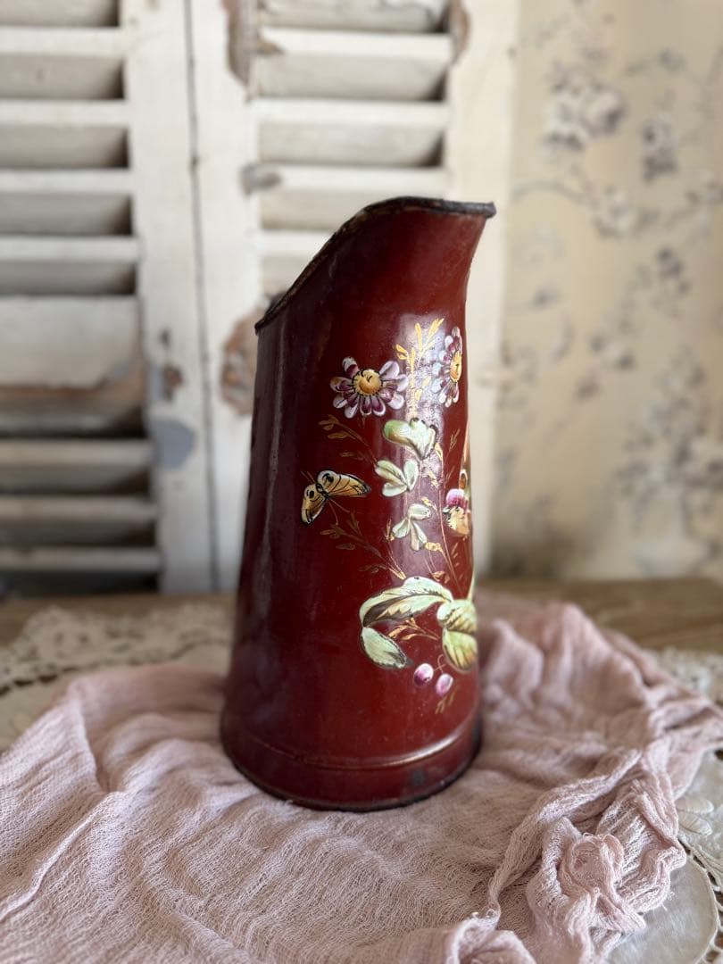 フランスアンティークブラウン小鳥と草花のハンドペイントのホーロージャグピッチャー