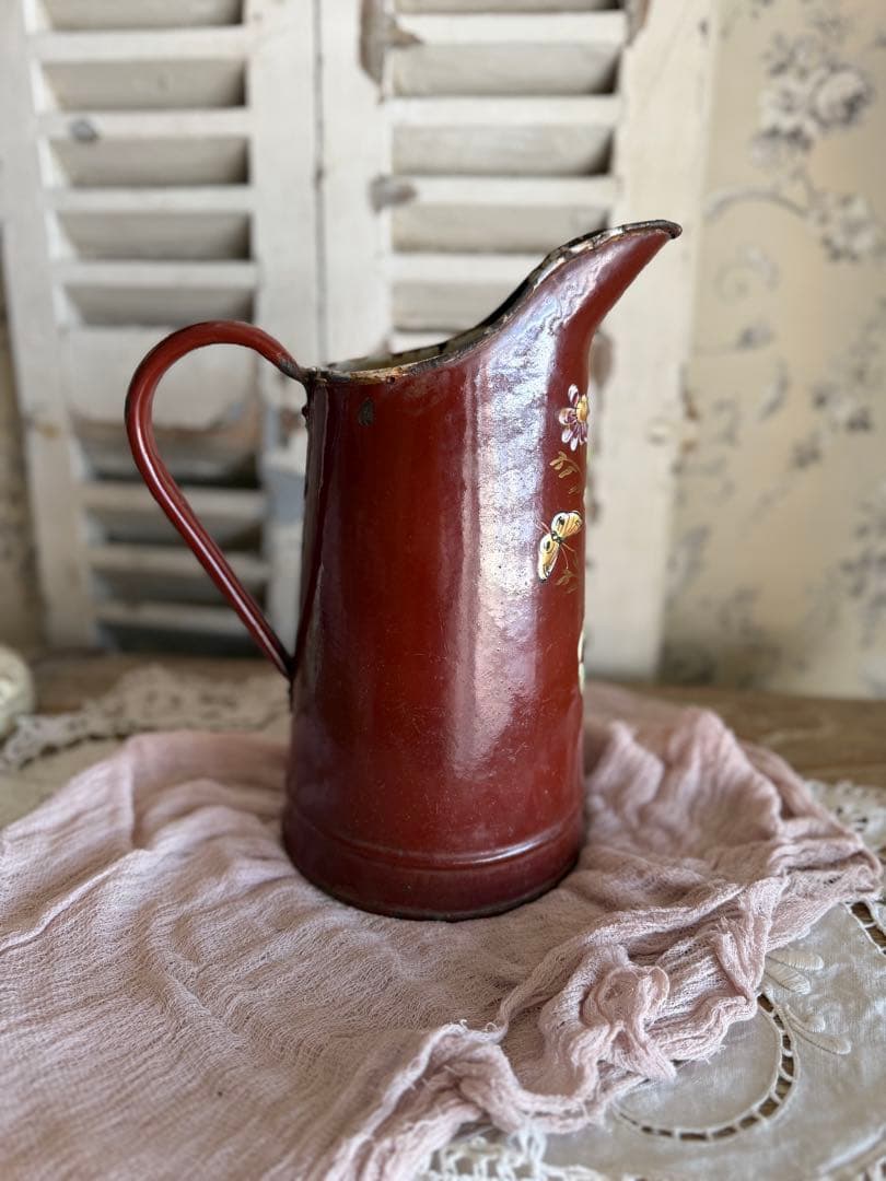 フランスアンティークブラウン小鳥と草花のハンドペイントのホーロージャグピッチャー