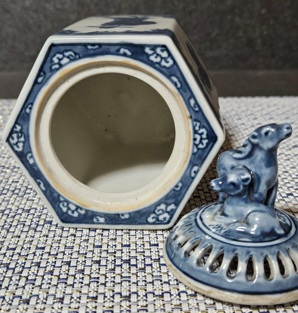 伊万里染付　双鹿摘み　人物図　六角形　香炉　茶道具　茶器　香道具　香道　香　香木