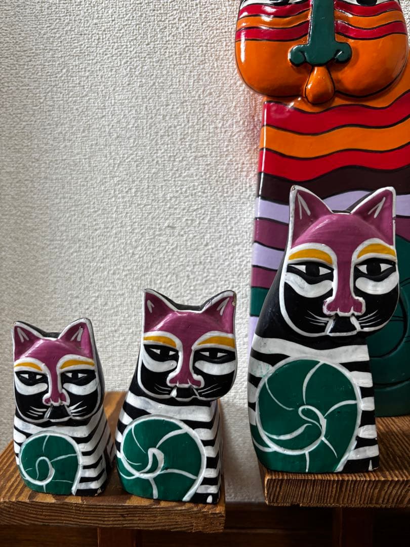 木彫り猫 置物 6体セット アジア雑貨