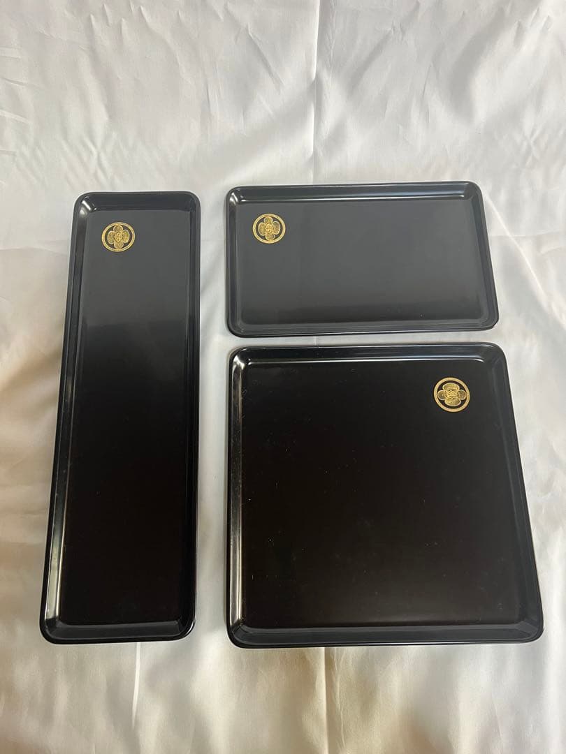 未使用品 輪島塗 黒漆器膳 3枚セット 家紋 木瓜紋 切手盆 箱付 漆器 黒漆塗