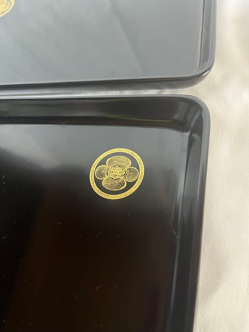 未使用品 輪島塗 黒漆器膳 3枚セット 家紋 木瓜紋 切手盆 箱付 漆器 黒漆塗