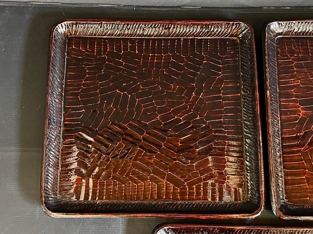 「母」 讃岐彫 四方膳 五客揃い 讃岐膳 讃岐盆 くり抜き （114Ｂ）